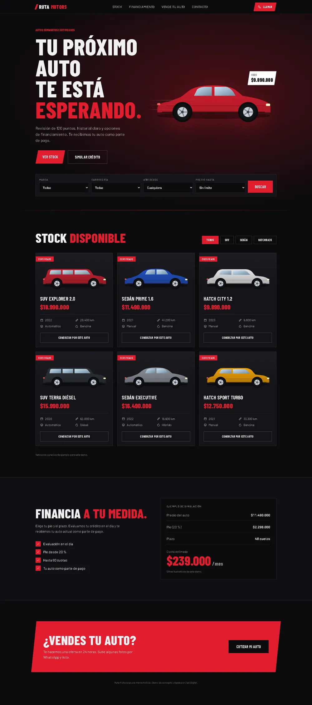 Vista previa de un sitio de automotora con stock de vehículos y filtros