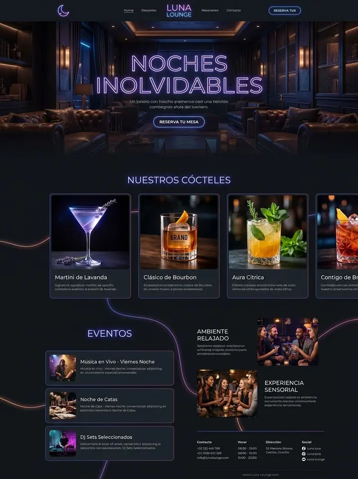 Vista previa de un concepto de bar y coctelería: web + reservas y eventos