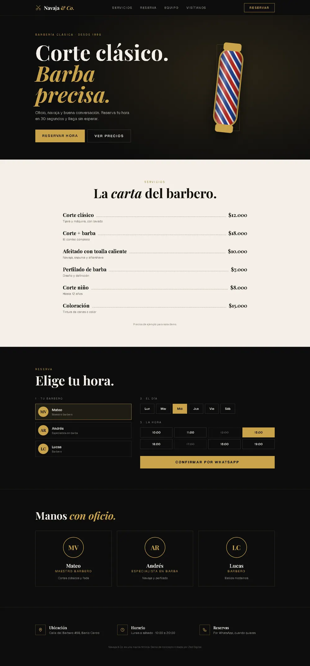 Vista previa de un sitio de barbería con servicios, precios y reserva de hora