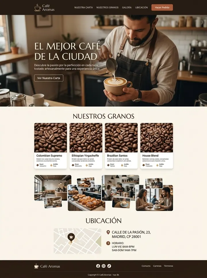 Vista previa de un concepto de cafetería: web + ubicación y horarios
