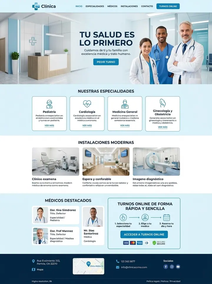 Vista previa de un concepto de clínica médica: web + turnos en línea