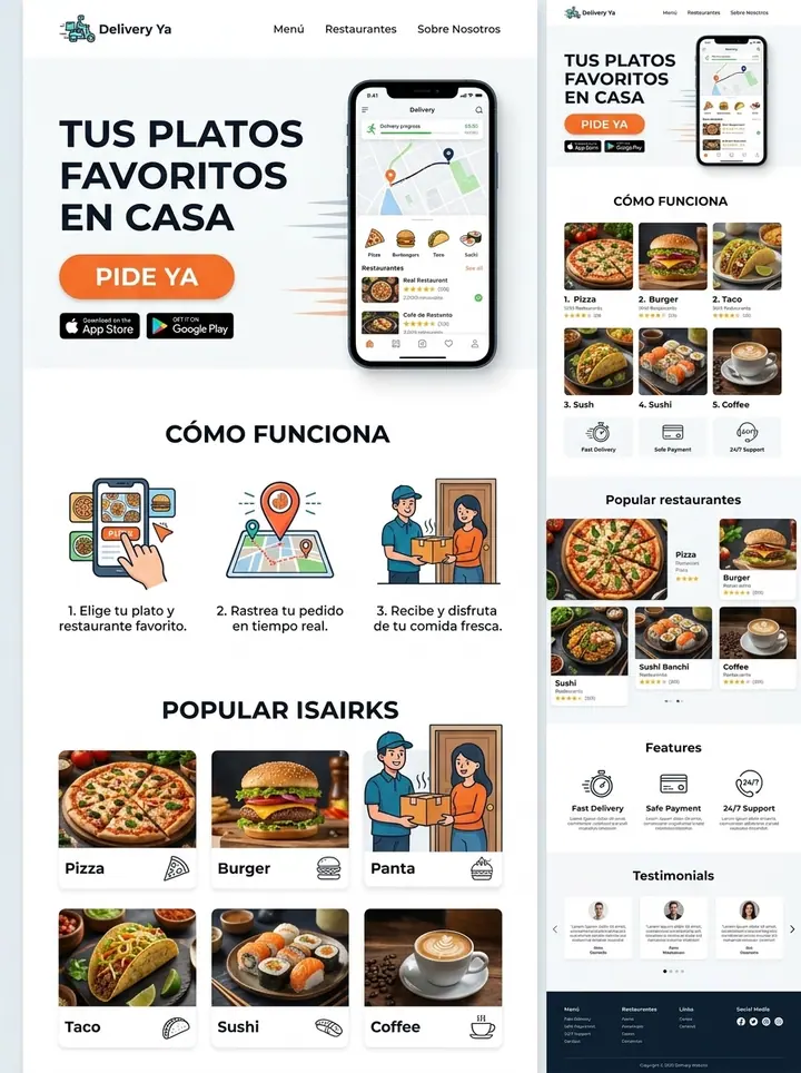 Vista previa de un concepto de delivery de comida: app + pedidos