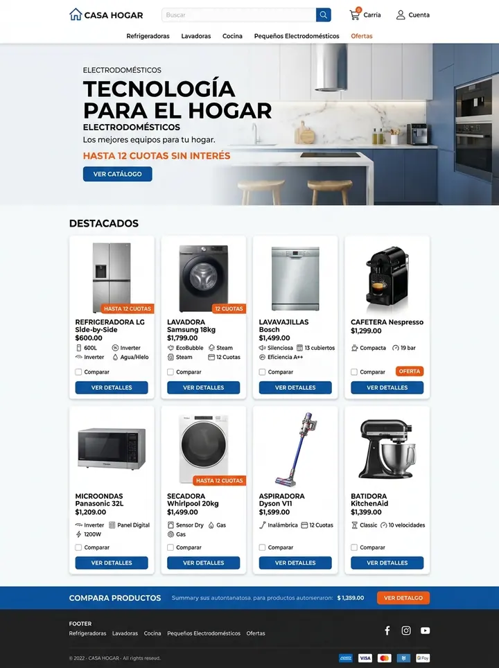 Vista previa de un concepto de electrodomésticos: catálogo + comparador