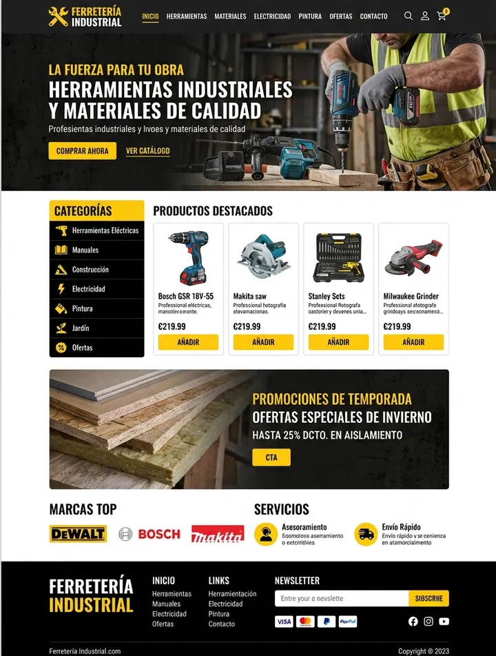 Vista previa de un concepto de ferretería industrial: tienda + promociones