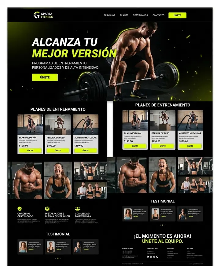 Vista previa de un concepto de gimnasio: web + planes y contacto