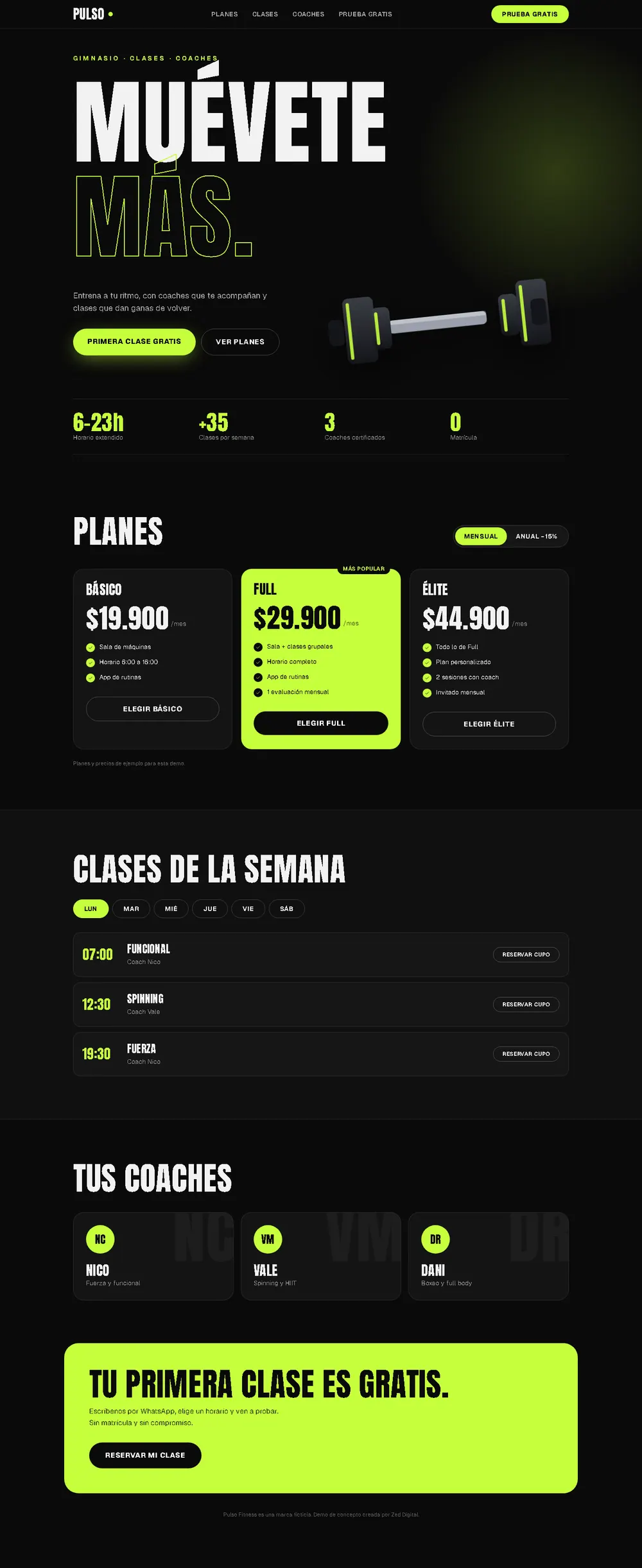 Vista previa de un sitio de gimnasio con planes, clases y horarios