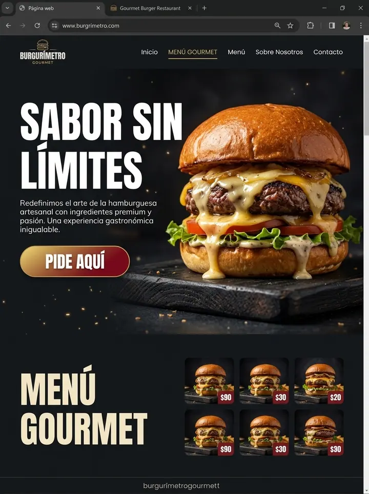 Vista previa de un concepto de hamburguesa gourmet: web + menú