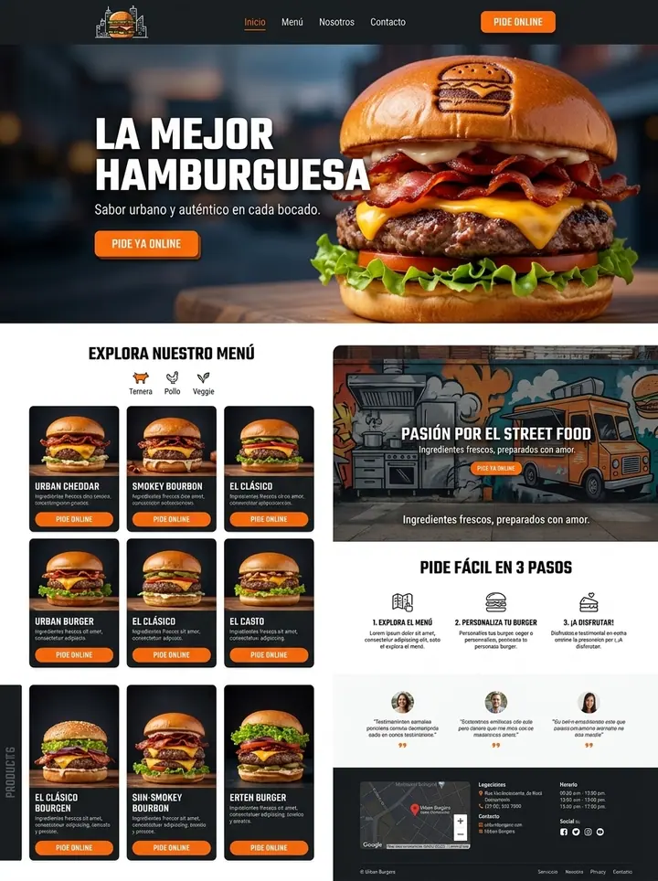 Vista previa de un concepto de hamburguesería: web + menú y pedidos