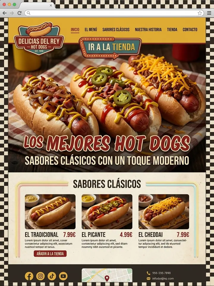 Vista previa de un concepto de hot dogs: web + menú y pedidos