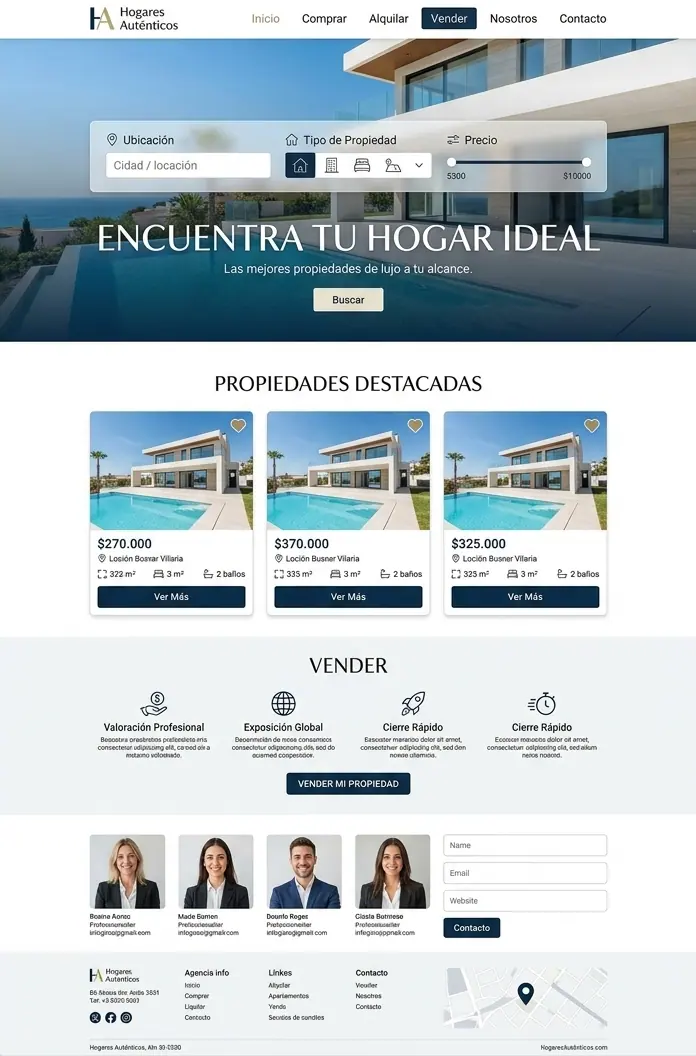 Vista previa de un concepto de inmobiliaria: web + propiedades