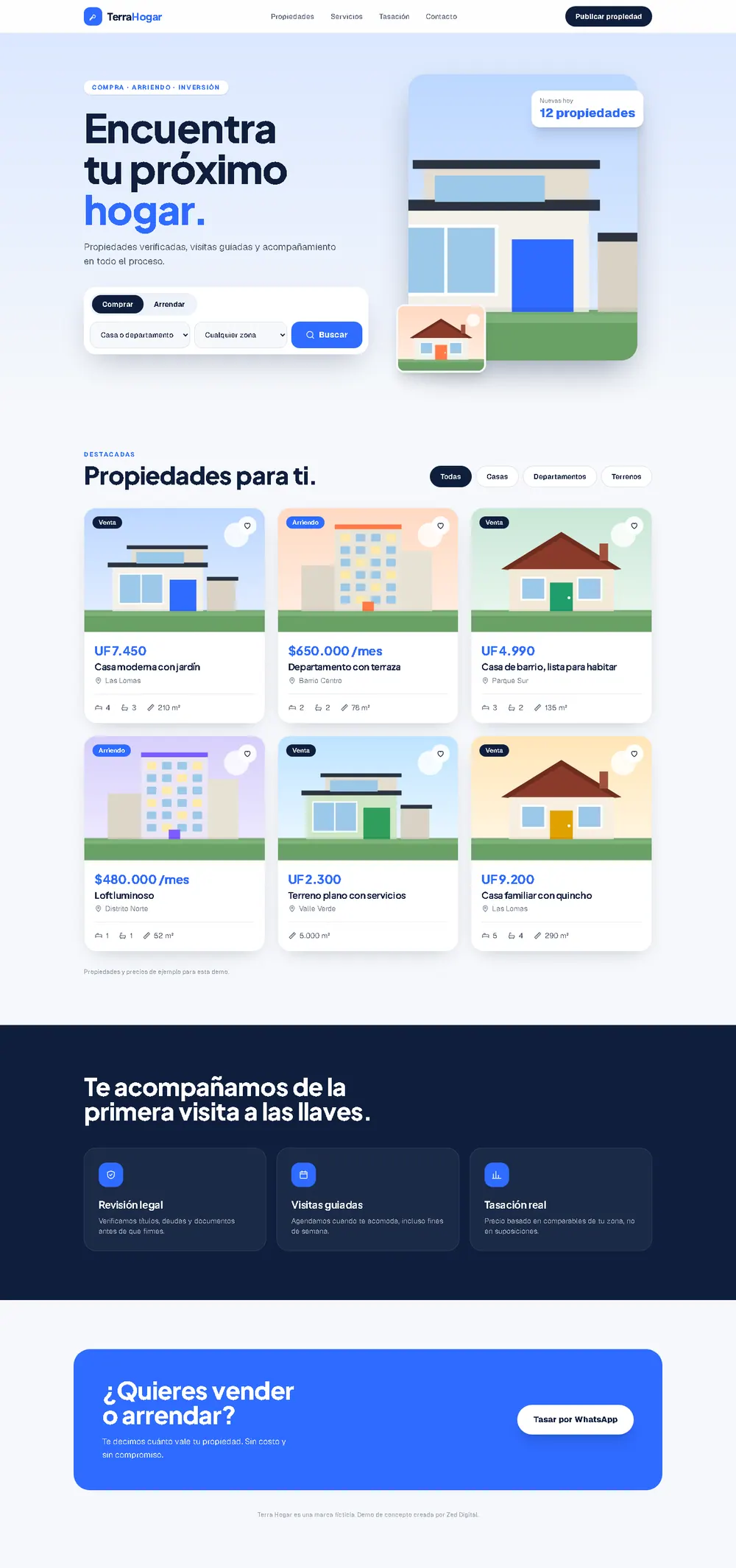 Vista previa de un sitio inmobiliario con propiedades destacadas y buscador