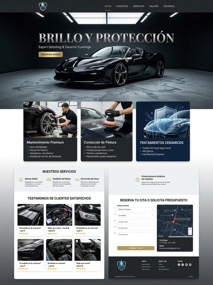 Vista previa de un concepto de lavado y detailing: web + reserva de turno