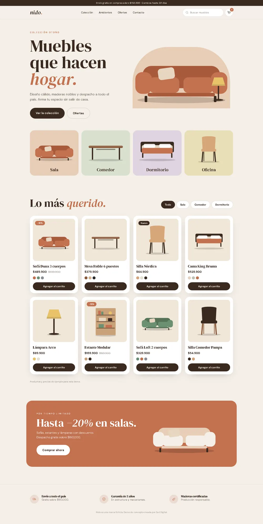 Vista previa de una tienda online de muebles con colecciones y carrito