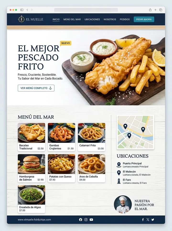 Vista previa de un concepto de pescados y mariscos: web + menú