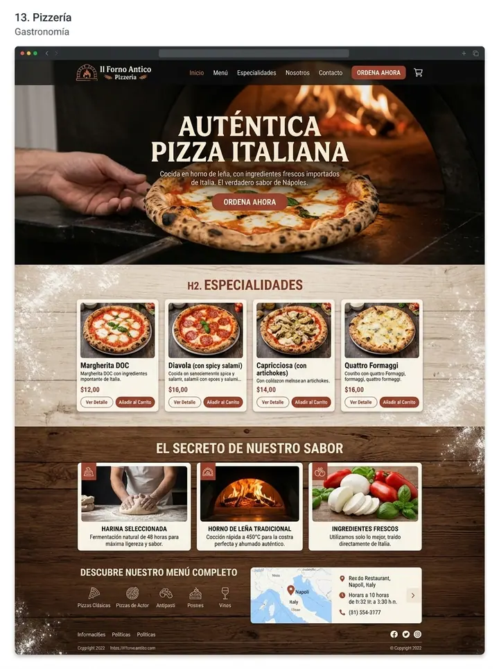 Vista previa de un concepto de pizza artesanal: web + menú