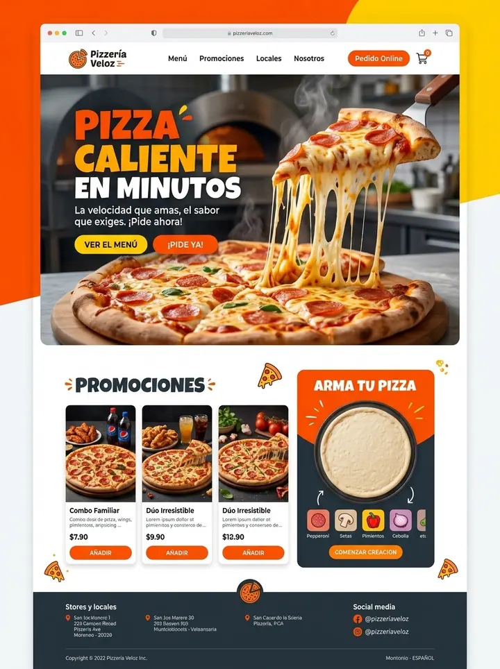 Vista previa de un concepto de pizzería express: web + pedidos en línea