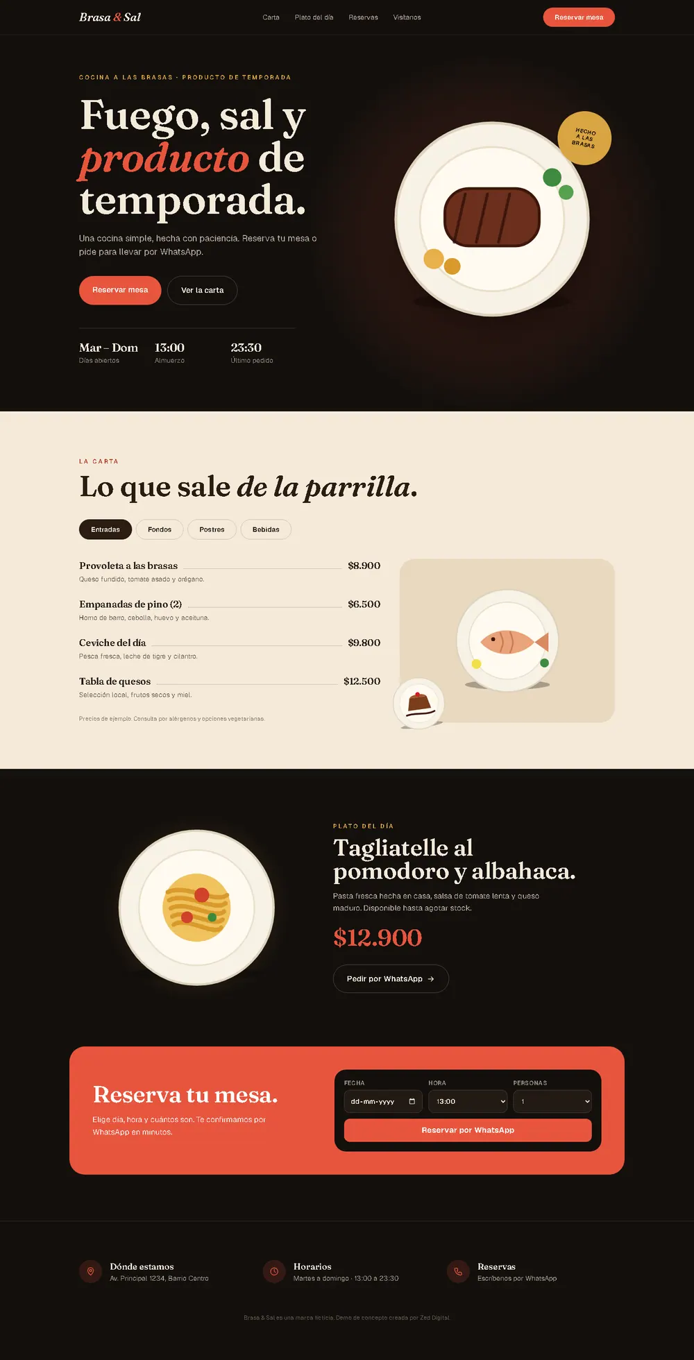 Vista previa de un sitio de restaurante con carta digital y reservas
