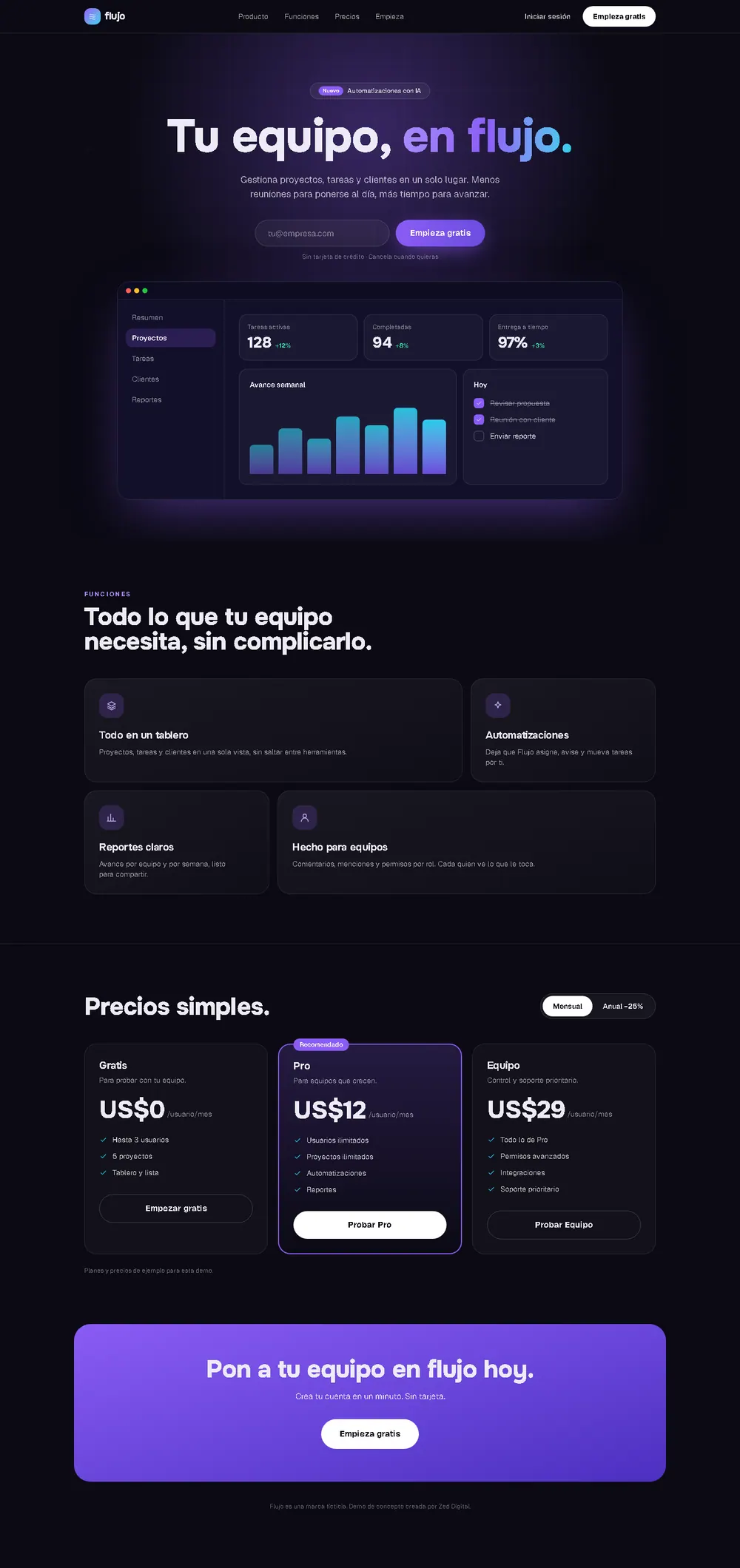 Vista previa de una landing de software con panel de producto y planes de precios