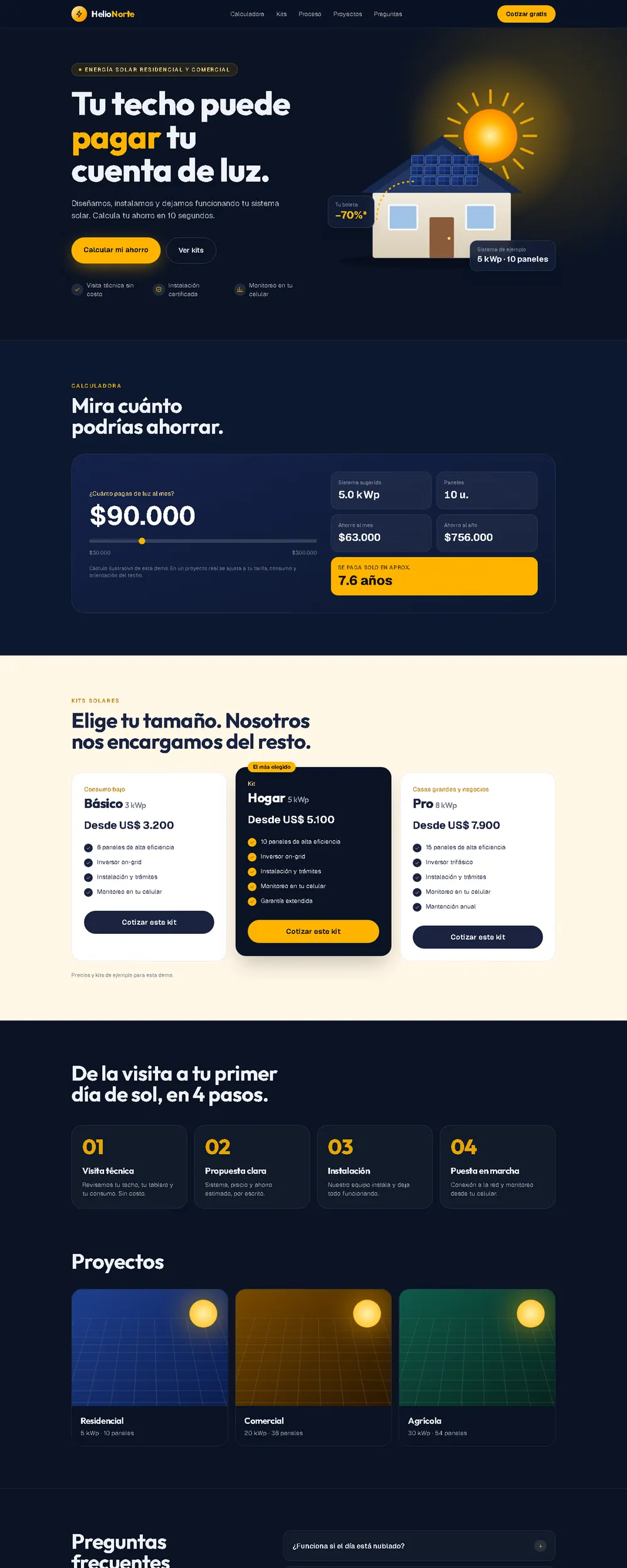 Vista previa de un sitio de energía solar con calculadora de ahorro y planes