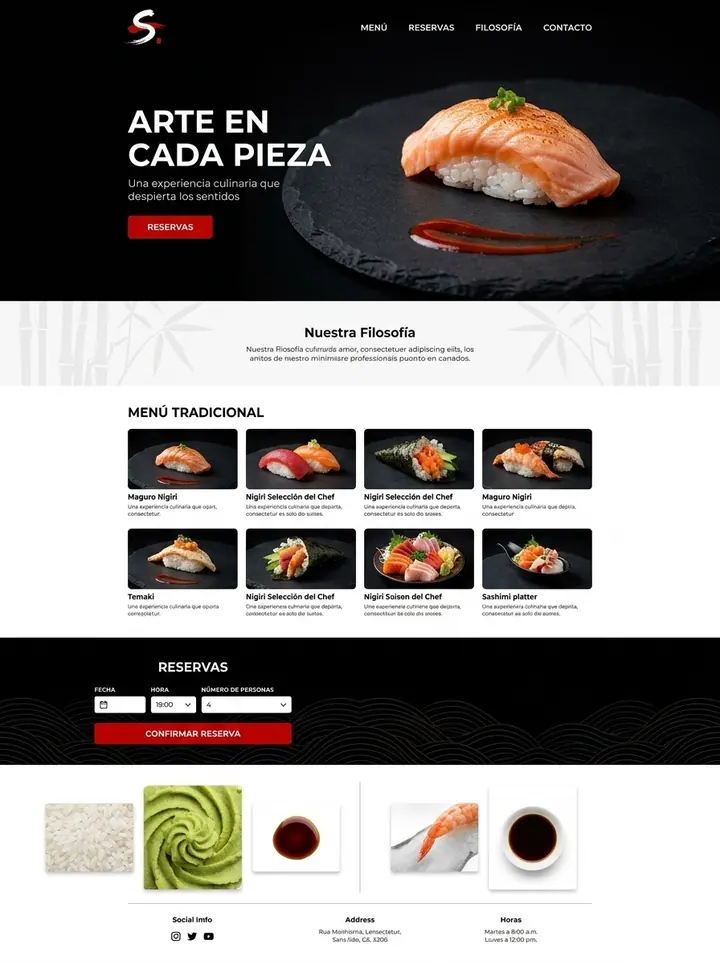 Vista previa de un concepto de sushi de autor: web + reservas