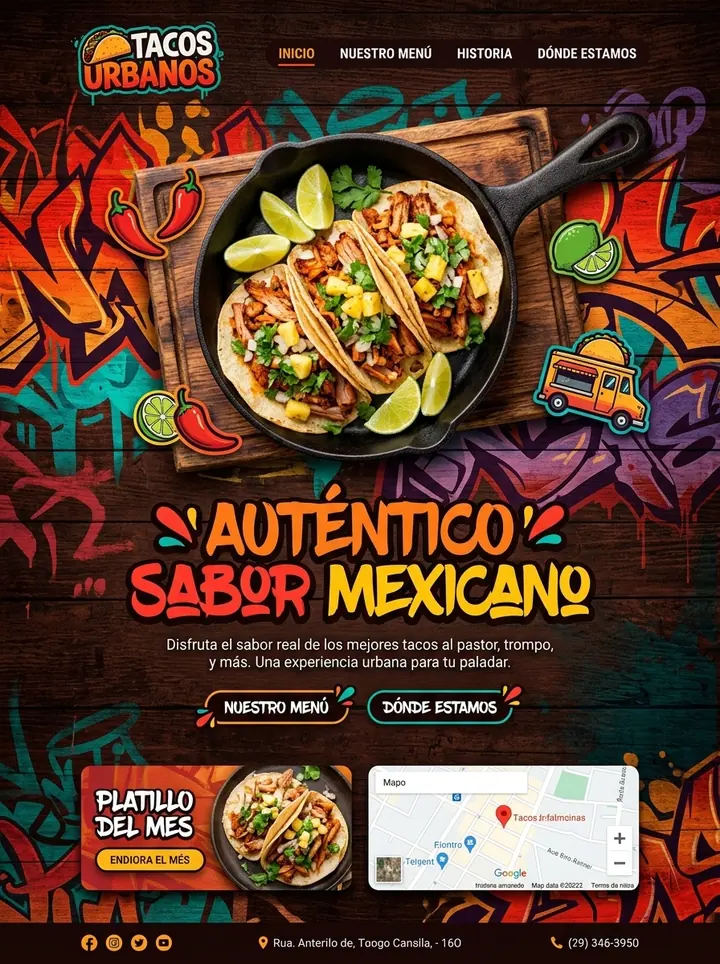Vista previa de un concepto de tacos: web + menú y ubicación