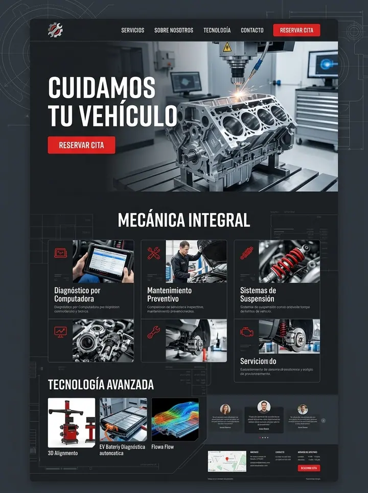 Vista previa de un concepto de taller mecánico: web + reserva de cita