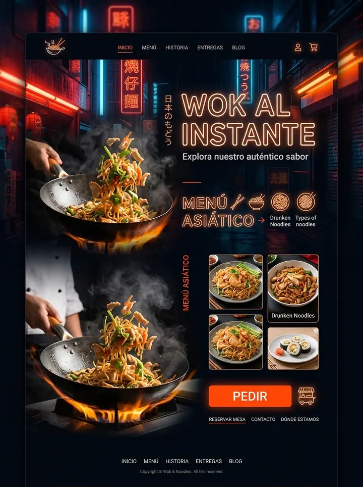 Vista previa de un concepto de wok asiático: web + pedidos